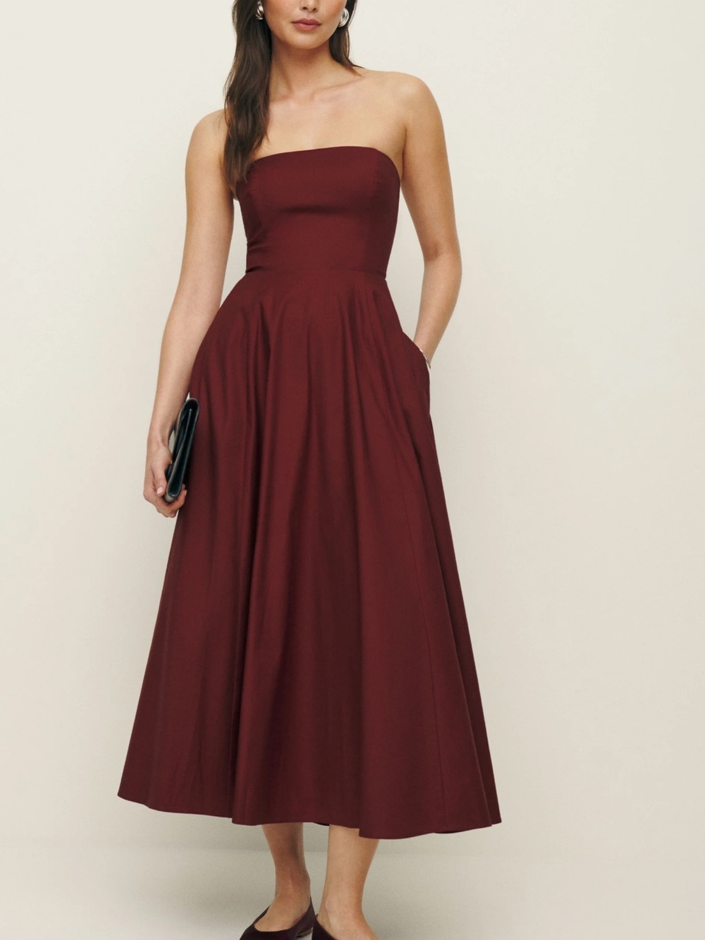 Reformation Astoria Strapless Midi Dress in Deep Burgundy